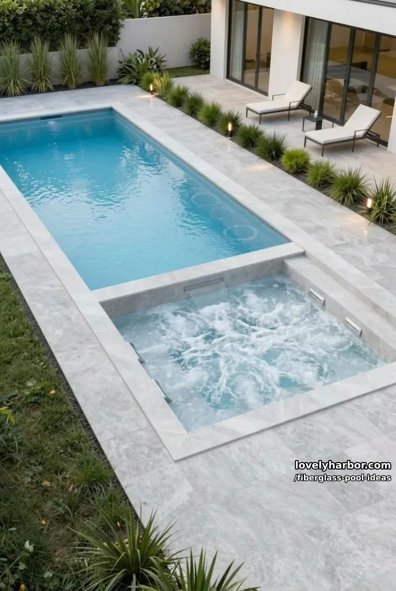 20 Fiberglass Pool Ideas for a Cozy Outdoor Retreat 4 modern rectangular pool complex with spa, wading ledge, and sunken seating. 1
