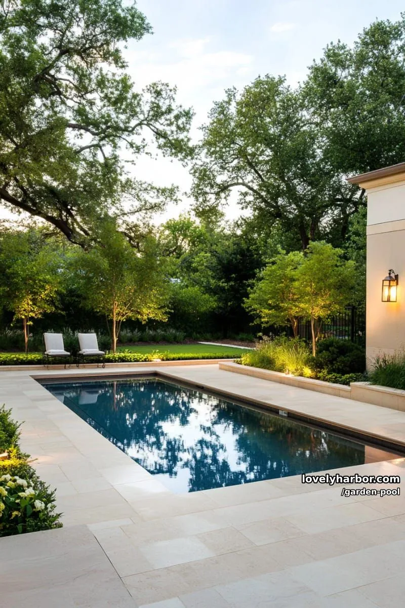modern rectangular pool, light stone tiles, symmetrical garden beds, evening accent lighting. 1