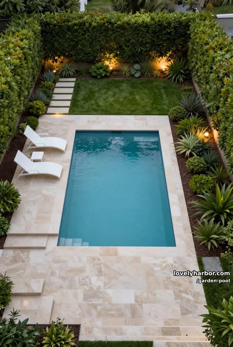 modern rectangular pool, light stone tiles, symmetrical garden beds, evening accent lighting. 1