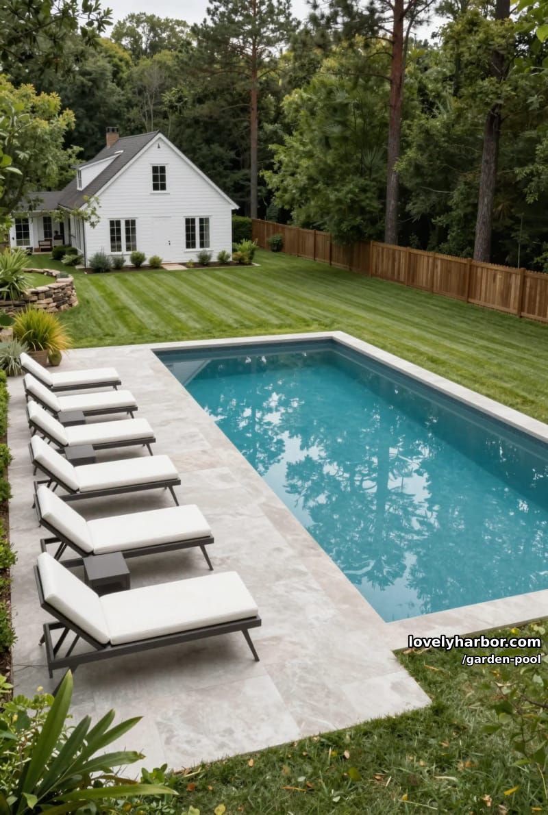 modern rectangular pool, manicured grass, aligned lounge chairs, secluded forest backdrop. 1