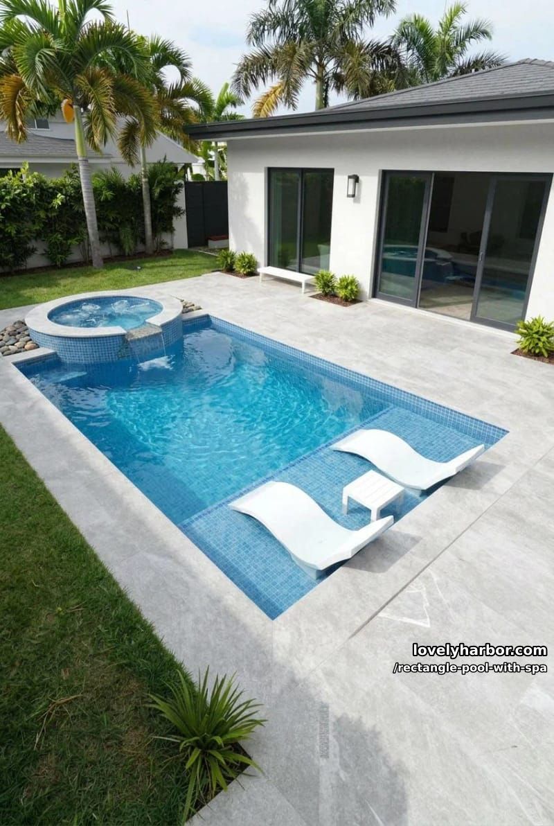 modern rectangular pool with hot tub, sun shelf, and manicured landscaping. 1