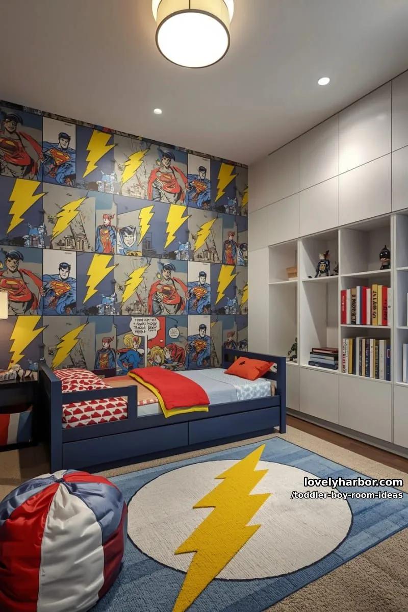 15 Playful Toddler Boy Room Design Ideas for Your Next Makeover 35 modern superhero lair with comic book wallpaper and bold lightning bolt decals. 1
