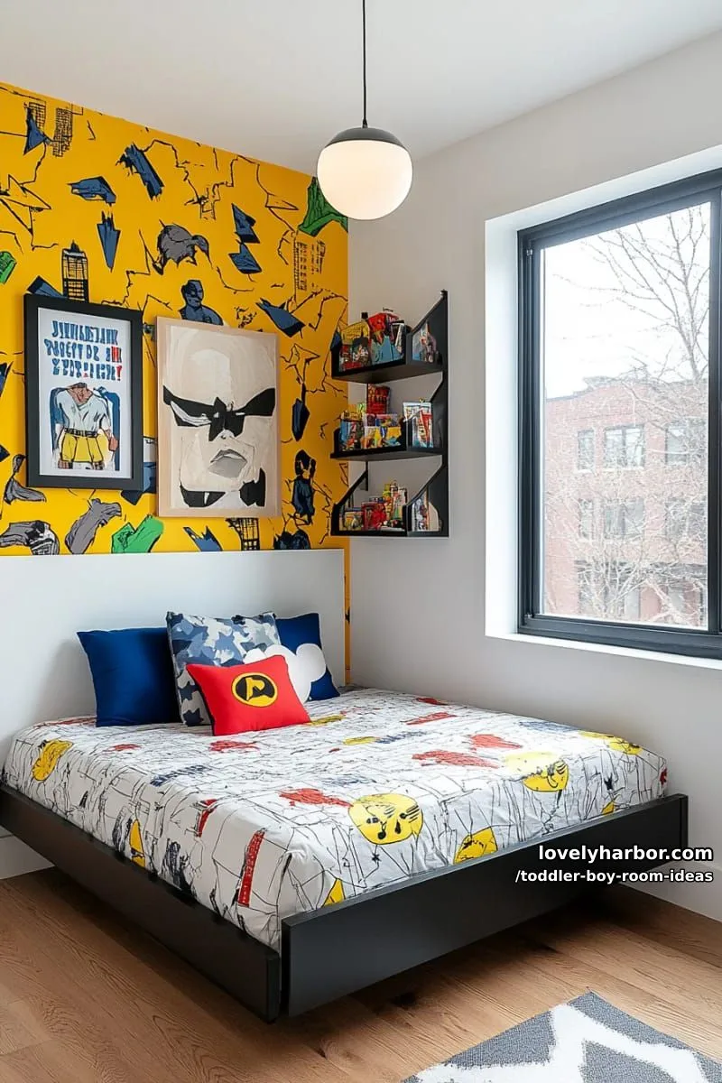 15 Playful Toddler Boy Room Design Ideas for Your Next Makeover 36 modern superhero lair with comic book wallpaper and bold lightning bolt decals. 1