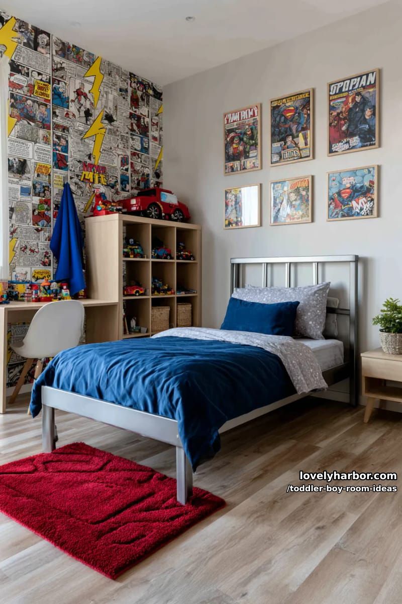 modern superhero lair with comic book wallpaper and bold lightning bolt decals. 1