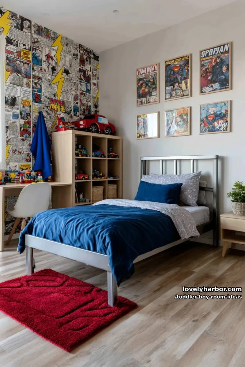 15 Playful Toddler Boy Room Design Ideas for Your Next Makeover 37 modern superhero lair with comic book wallpaper and bold lightning bolt decals. 1