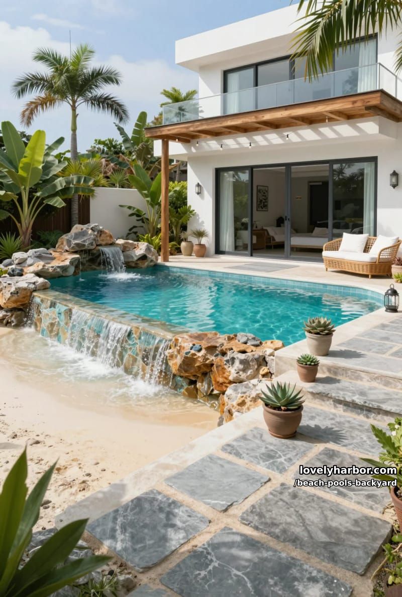 modern villa with freeform pool, beach entry, waterfalls, and covered patio. 1