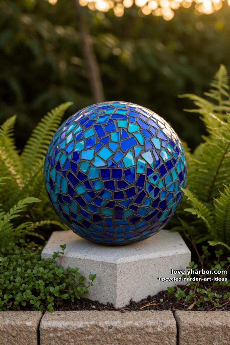 mosaic gazing globes from old bowling balls 1