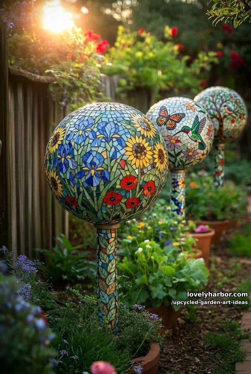 mosaic gazing globes from old bowling balls 1