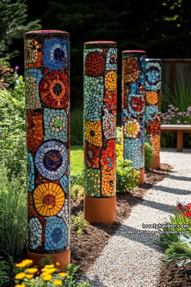 20 Creative Garden Art Ideas to Elevate Small Yards 13 mosaic tiled poles with bright geometric patterns for vibrant accents 1