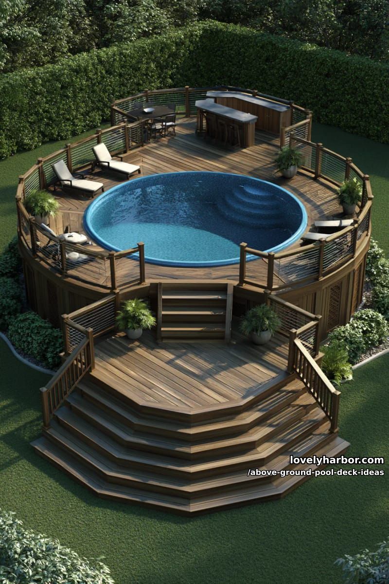 multi-level deck around circular pool with bar, seating, and planters. 1