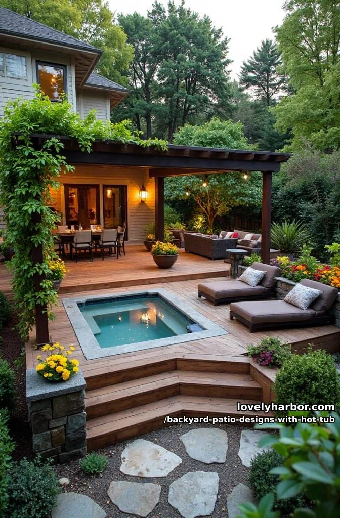 20 Dreamy Backyard Patios with Hot Tubs to Inspire 15 multi-level deck with built-in hot tub, pergola, planters, and dining area. 1