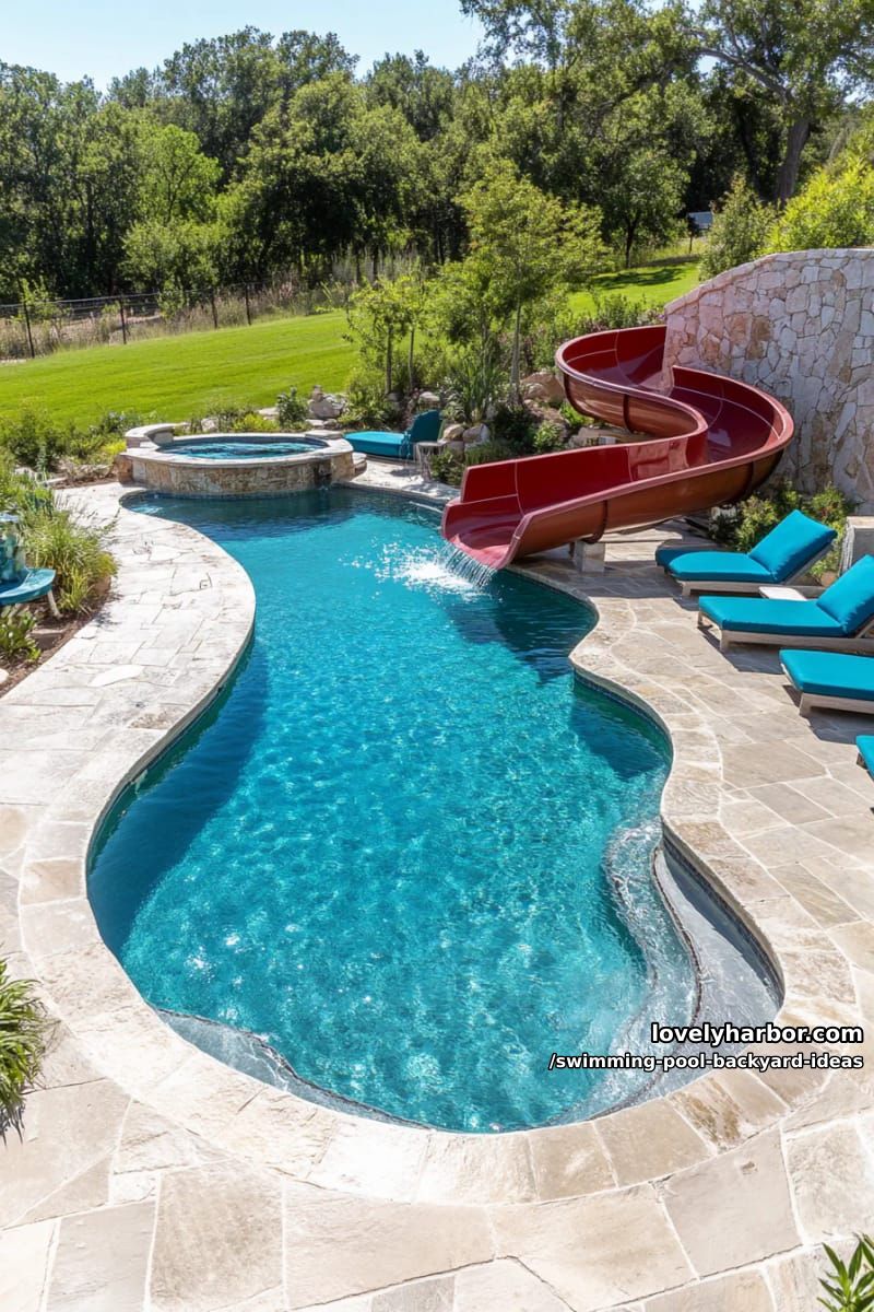 multi-section pool, colorful slides, and blue lounge chairs 1