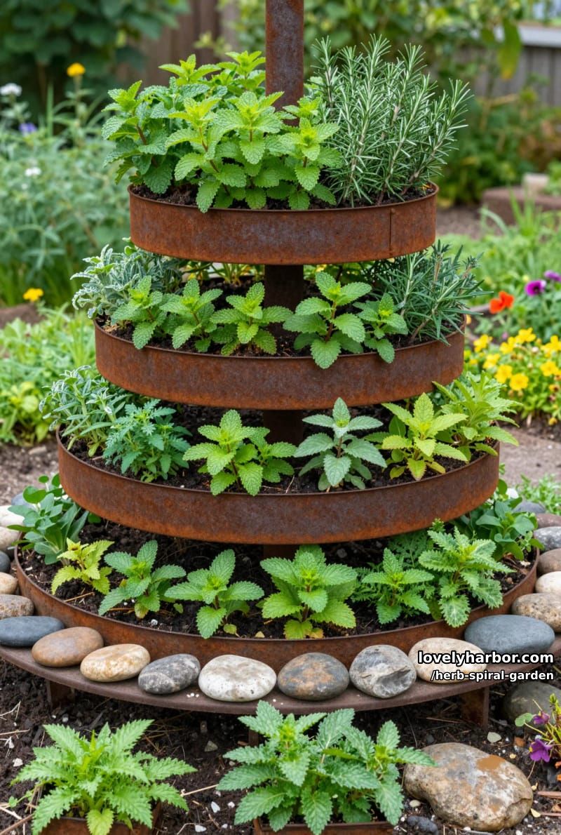 multi-tiered metal ring spiral herb garden with river stone accents. 1
