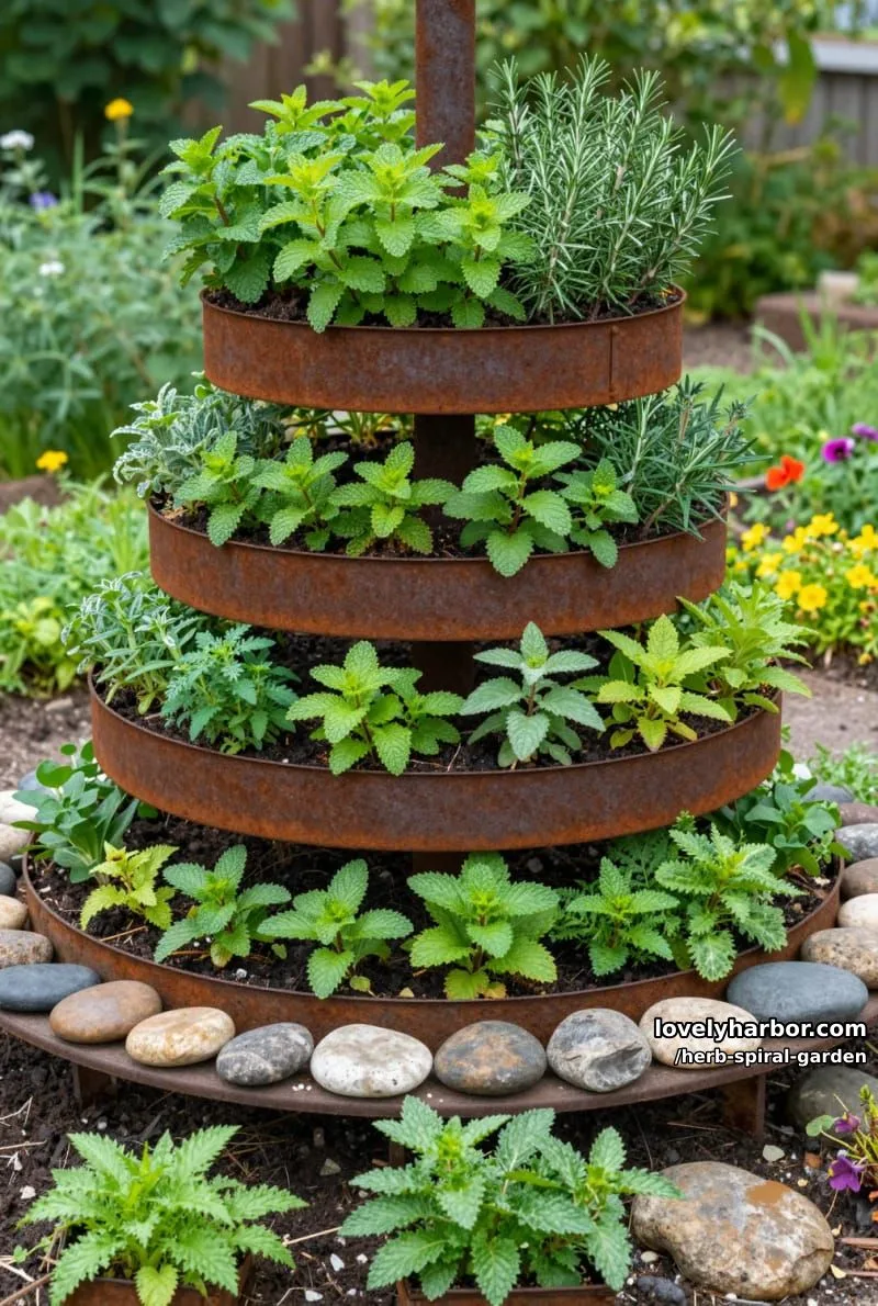 20 Unique Herb Spiral Garden Designs for Modern Yards 21 multi-tiered metal ring spiral herb garden with river stone accents. 1