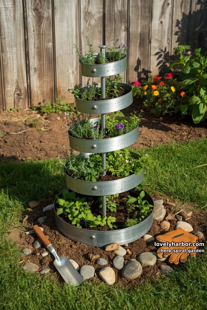 20 Unique Herb Spiral Garden Designs for Modern Yards 22 multi-tiered metal ring spiral herb garden with river stone accents. 1