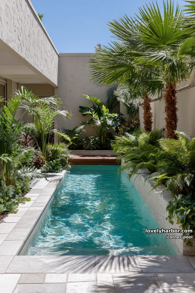 narrow corner pool with stone pavers, wooden platform, and tropical garden 1