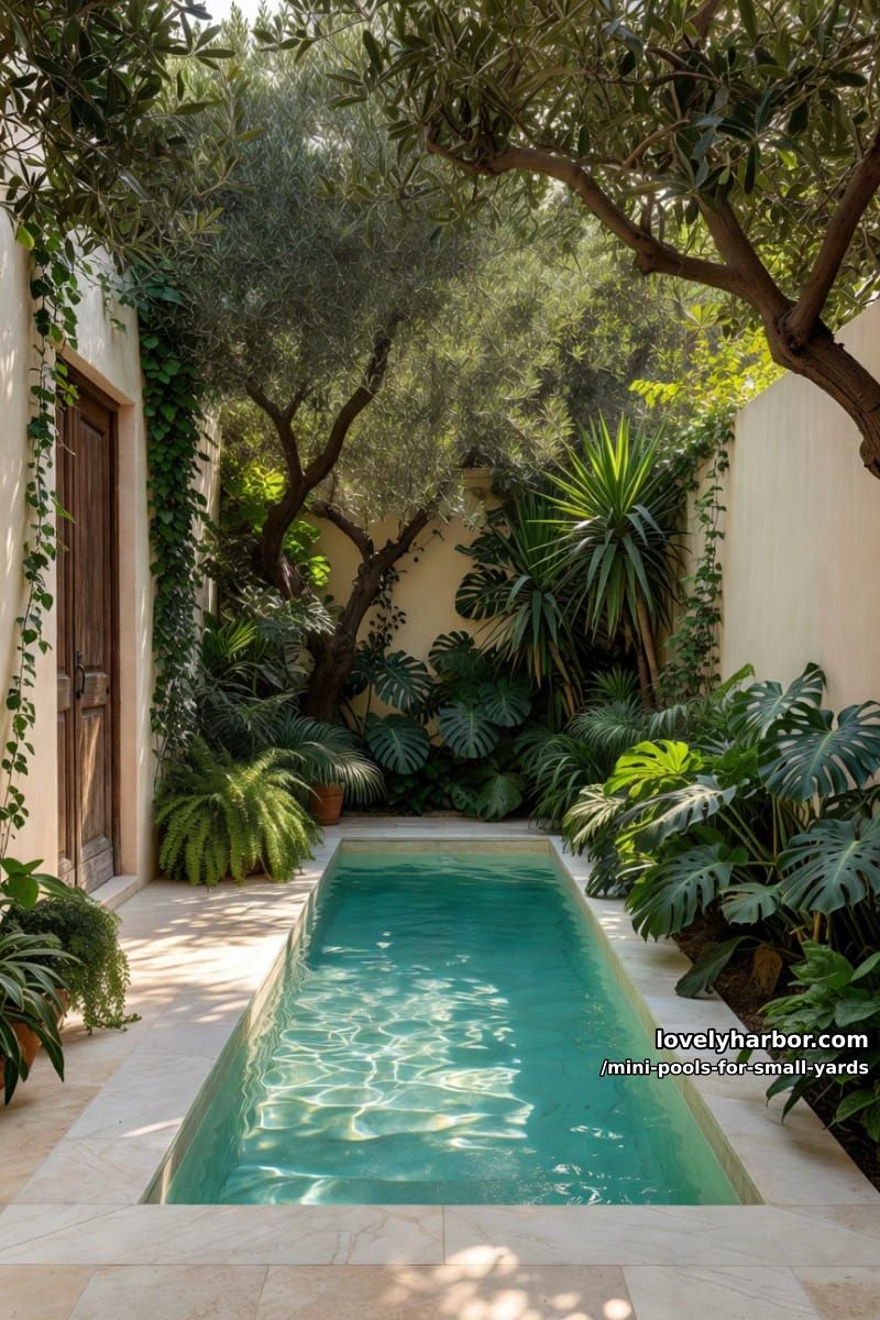 narrow courtyard plunge pool, light stone tiles, dense foliage, and mature tree shade. 1