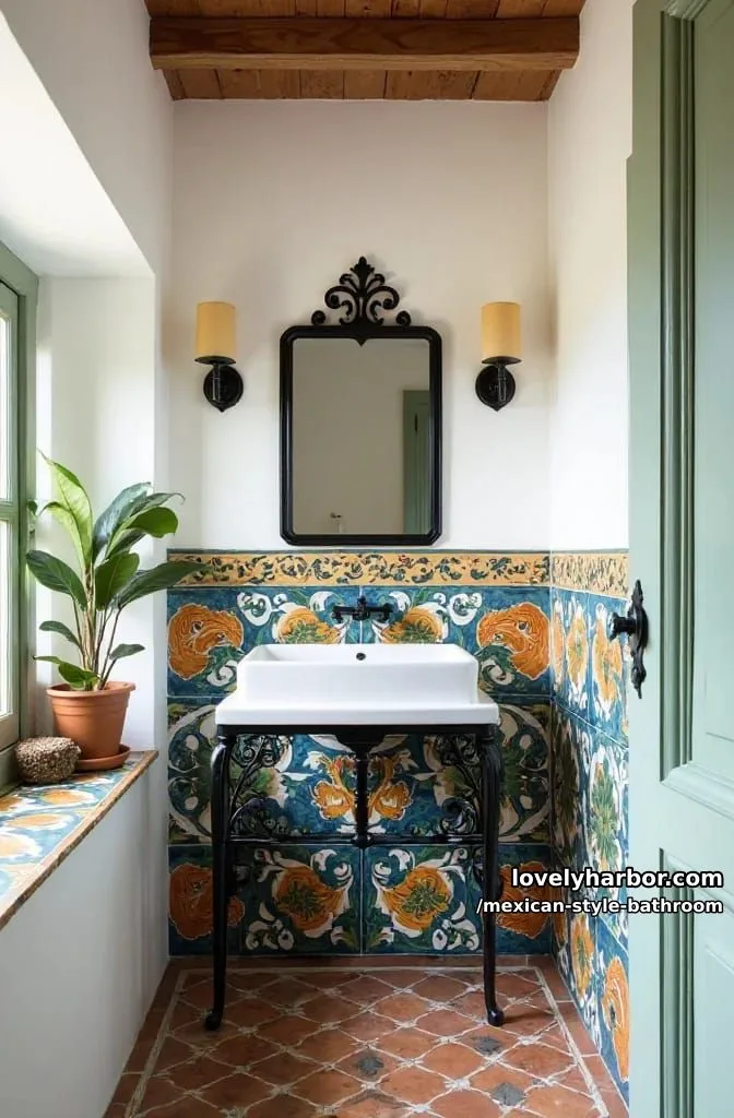 narrow mediterranean bathroom with bold floral tiles and wrought iron sink stand. 1