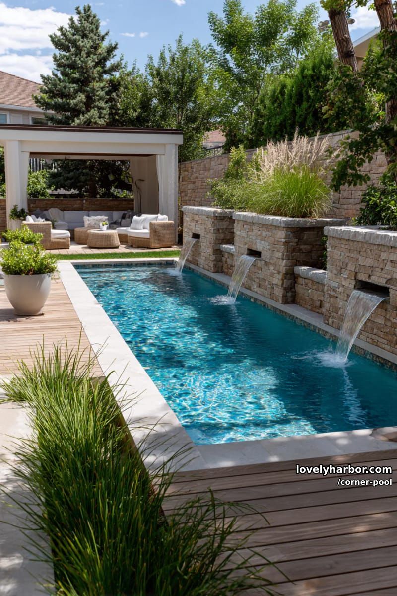 narrow pool with stone wall fountains, cabana, and wooden decking 1