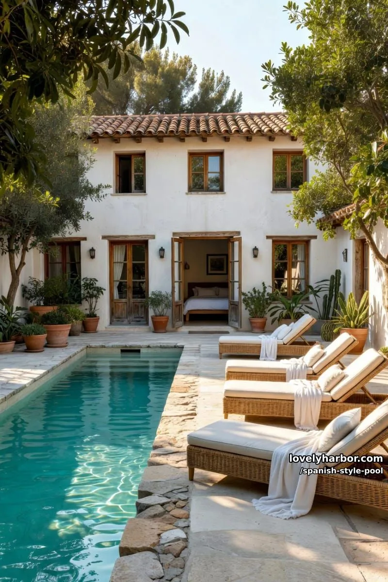 narrow turquoise pool beside rustic white stucco house and wicker loungers. 1