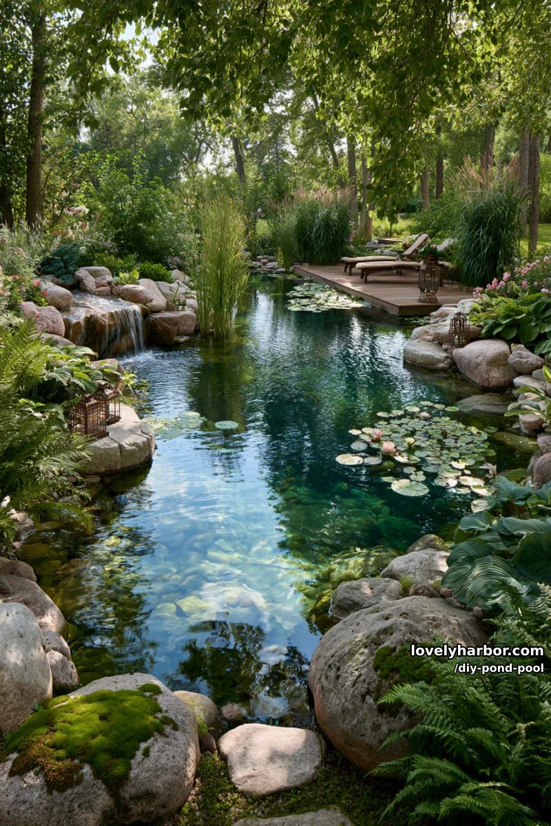 natural backyard swimming pond with stones, waterfall, and lush landscaping 1