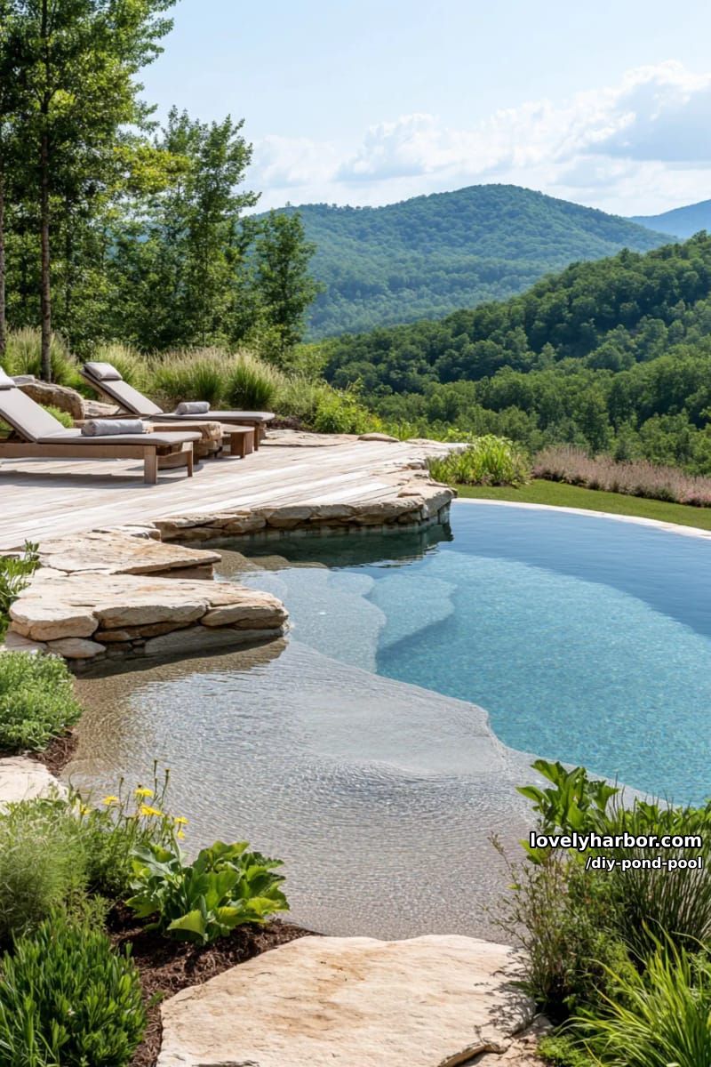 natural infinity edge pool with mountain views and organic stone details. 1