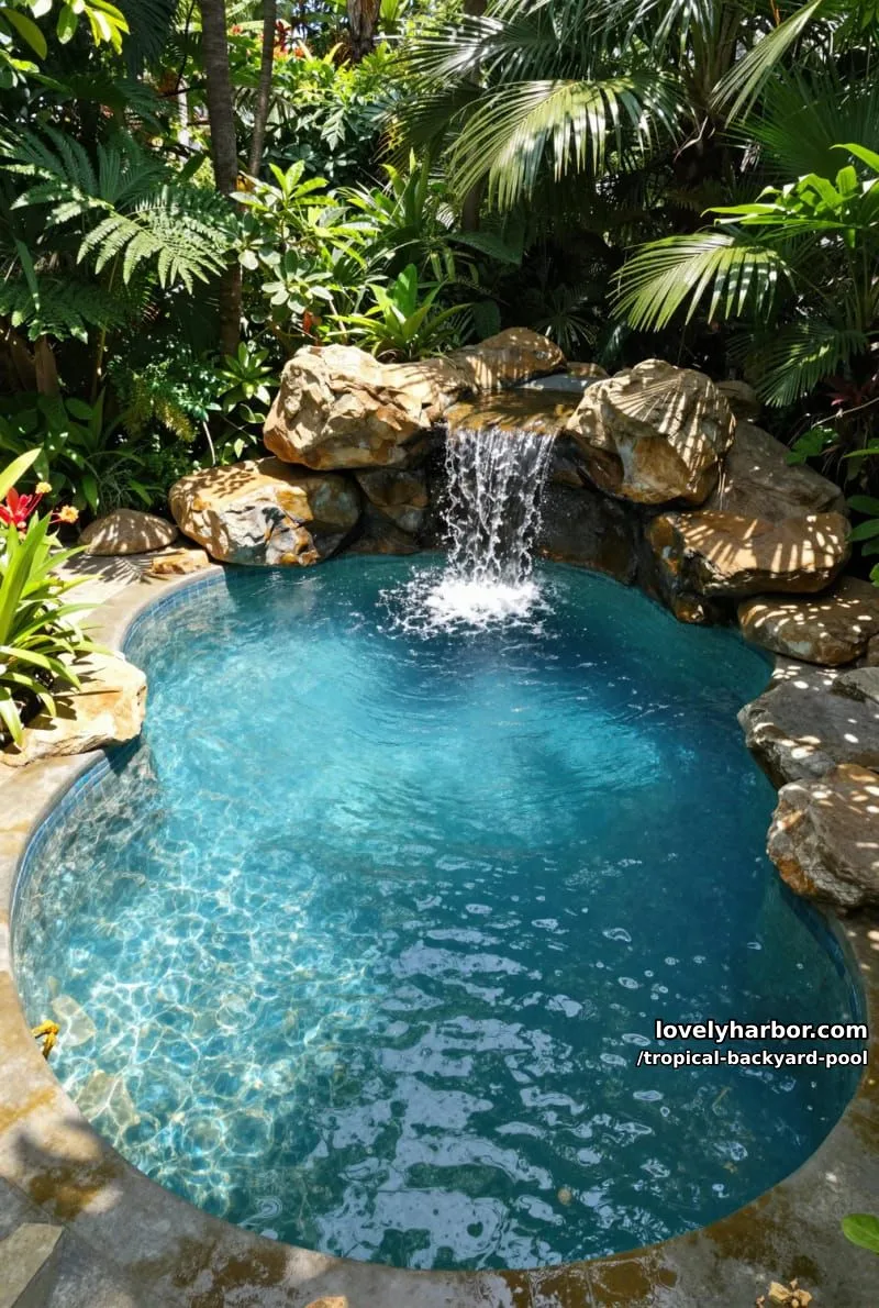 20 Tropical Backyard Pools That Feel Like a Resort 18 natural-looking pool with rock waterfall, dense foliage, and flowering plants 1