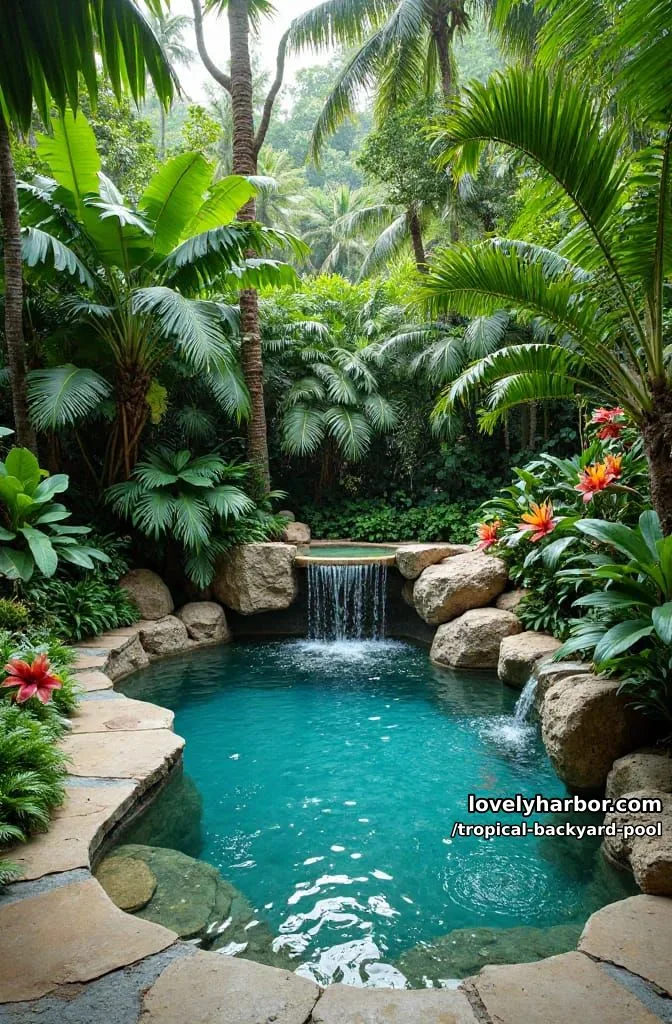 20 Tropical Backyard Pools That Feel Like a Resort 19 natural-looking pool with rock waterfall, dense foliage, and flowering plants 1