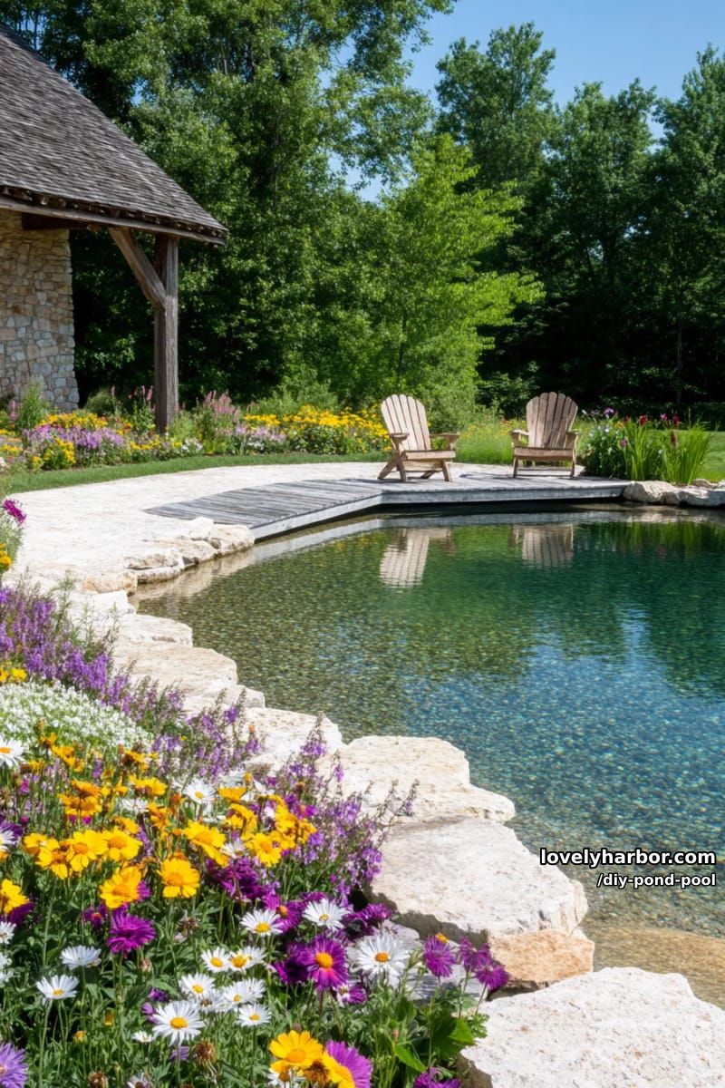 natural pond pool with wildflowers, shaded dock seating, and layered garden blooms. 1