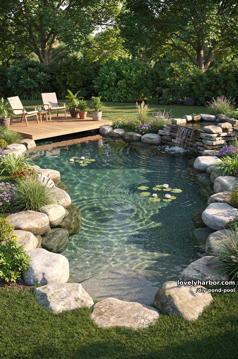 natural pond swimming pool with rock garden edges and cozy backyard charm. 1