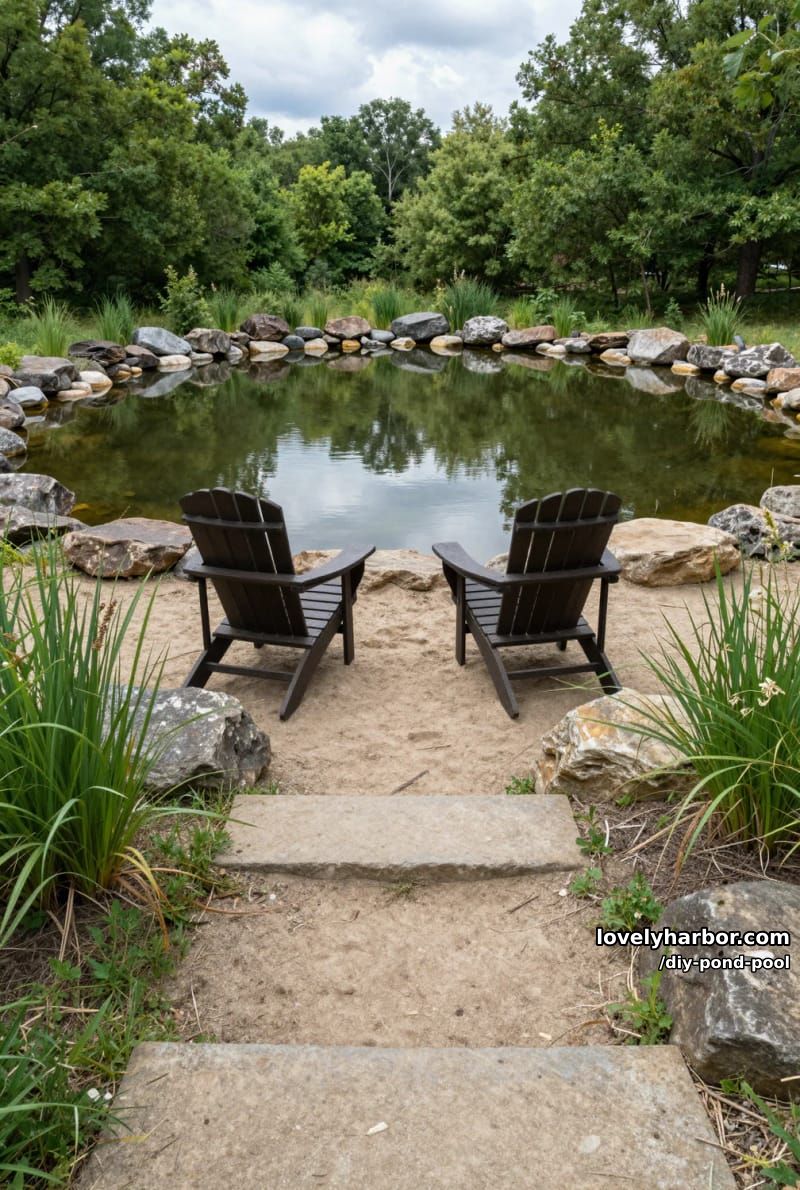 natural pond with rocky border, sandy steps, and adirondack chairs 1