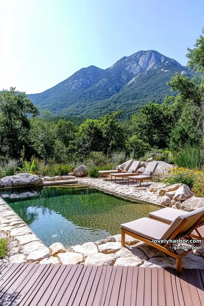 natural pool, stone slabs, aquatic plants, wooden deck, mountain view, forested setting. 1