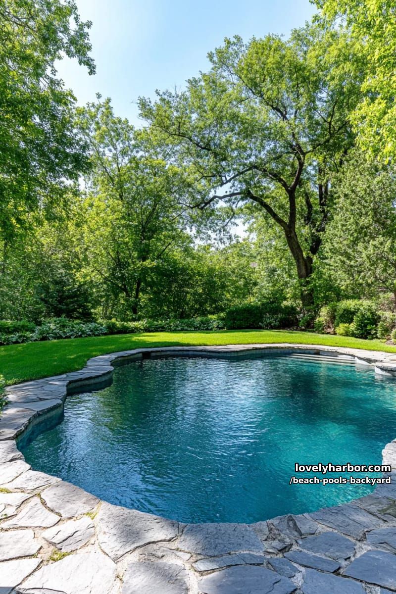 natural stone-edged backyard pool, lush grass, mature trees. 1