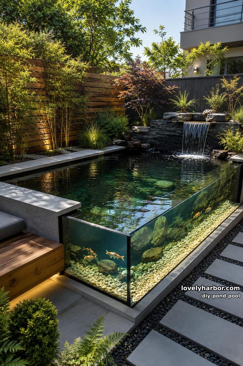 natural swimming pond with a transparent glass viewing wall 1