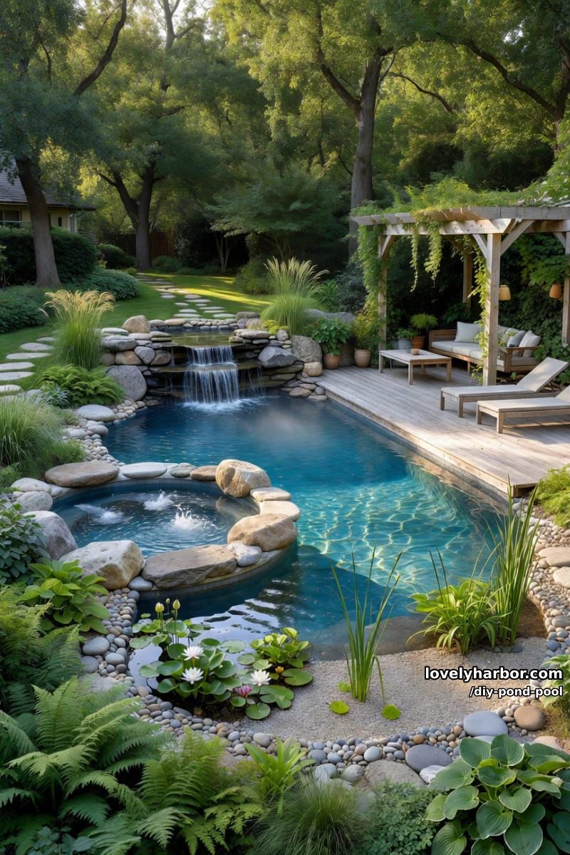 natural swimming pool with spa, waterfall features, and relaxing lounge spaces. 1