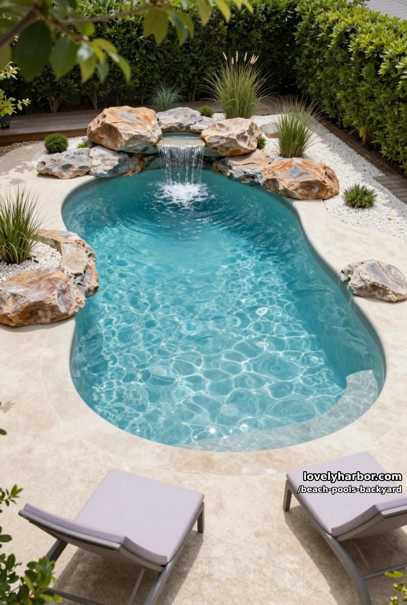 naturalistic backyard pool with rock waterfall, modern lounge chairs, and lush hedges. 1