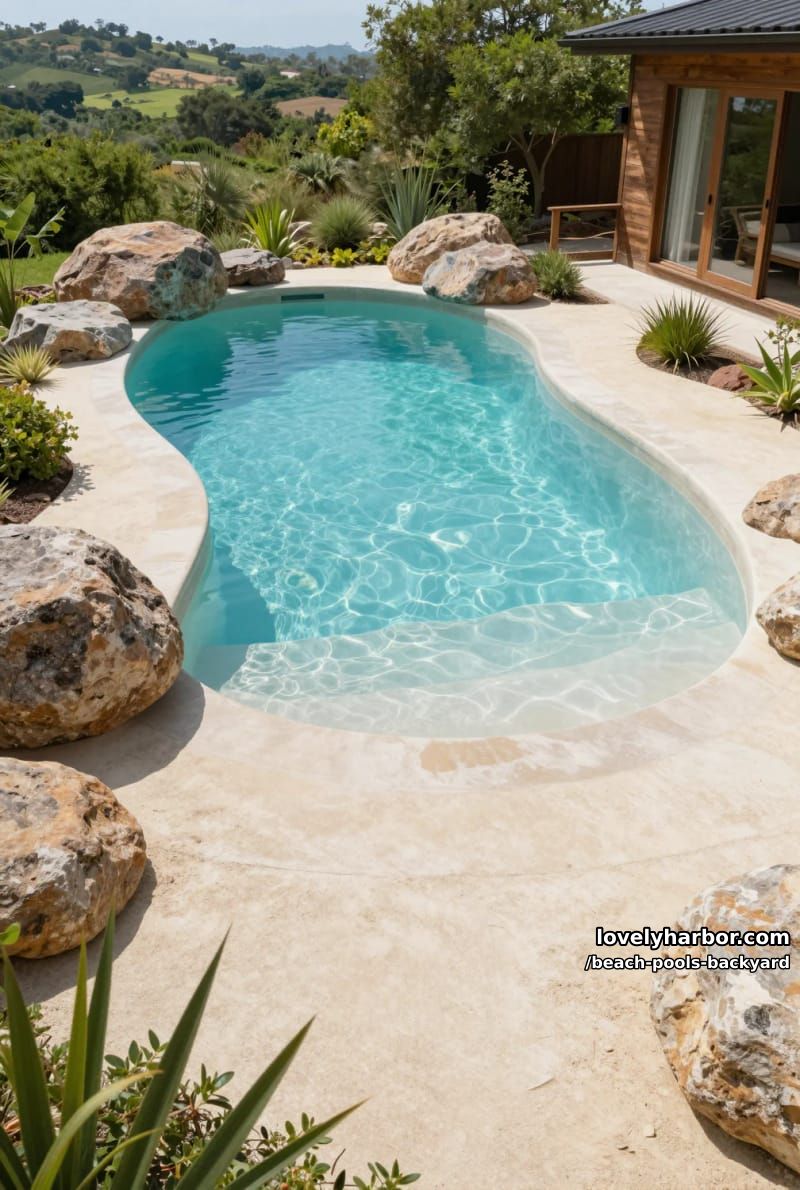 naturalistic lagoon pool, beach entry, light concrete, boulders, and modern house. 1