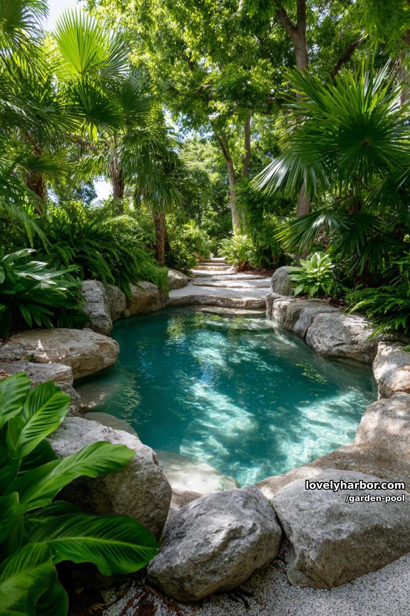 naturalistic pool, boulders, clear water, dense tropical foliage, serene jungle atmosphere. 1