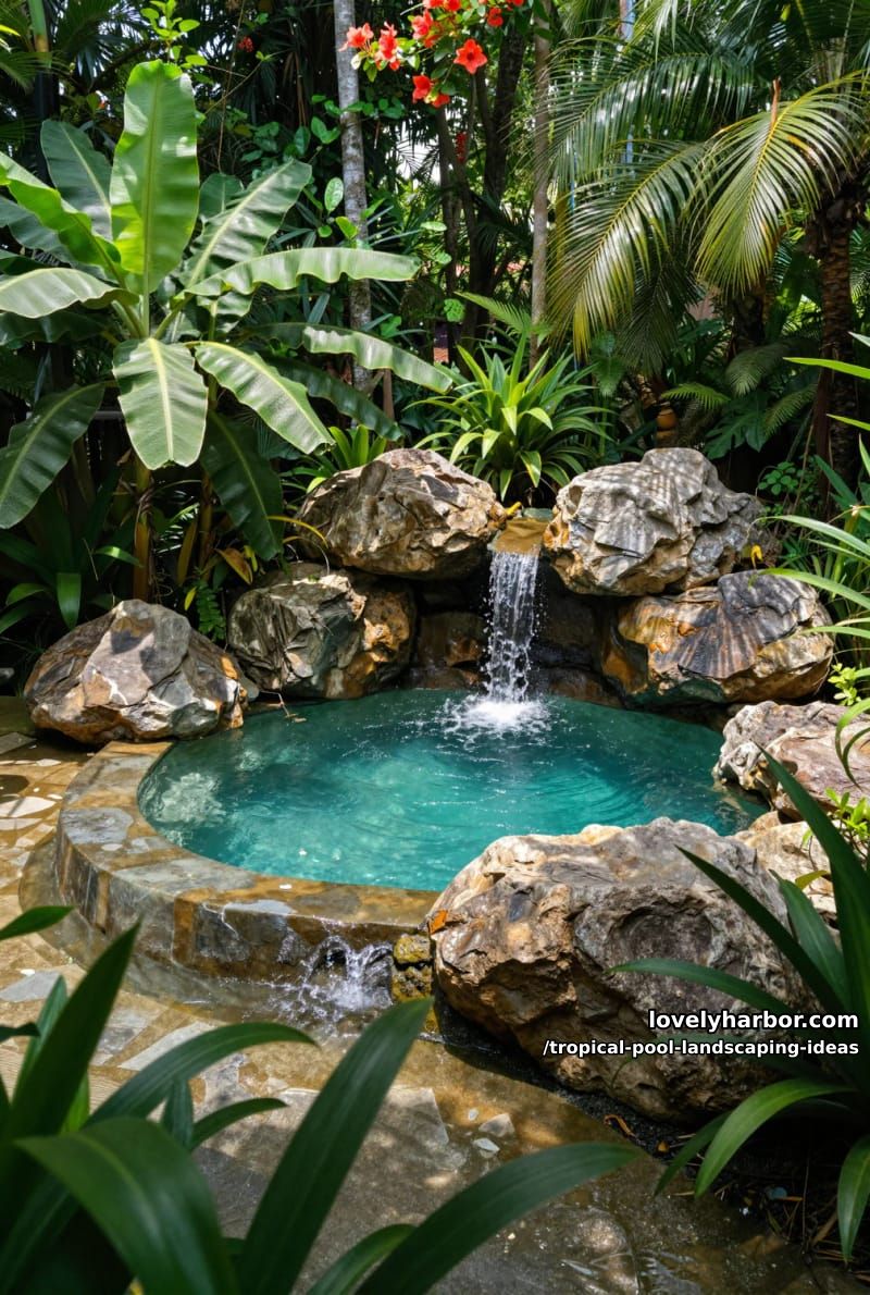 naturalistic pool, rugged boulders, waterfall, banana plants, dense greenery, jungle vibe. 1