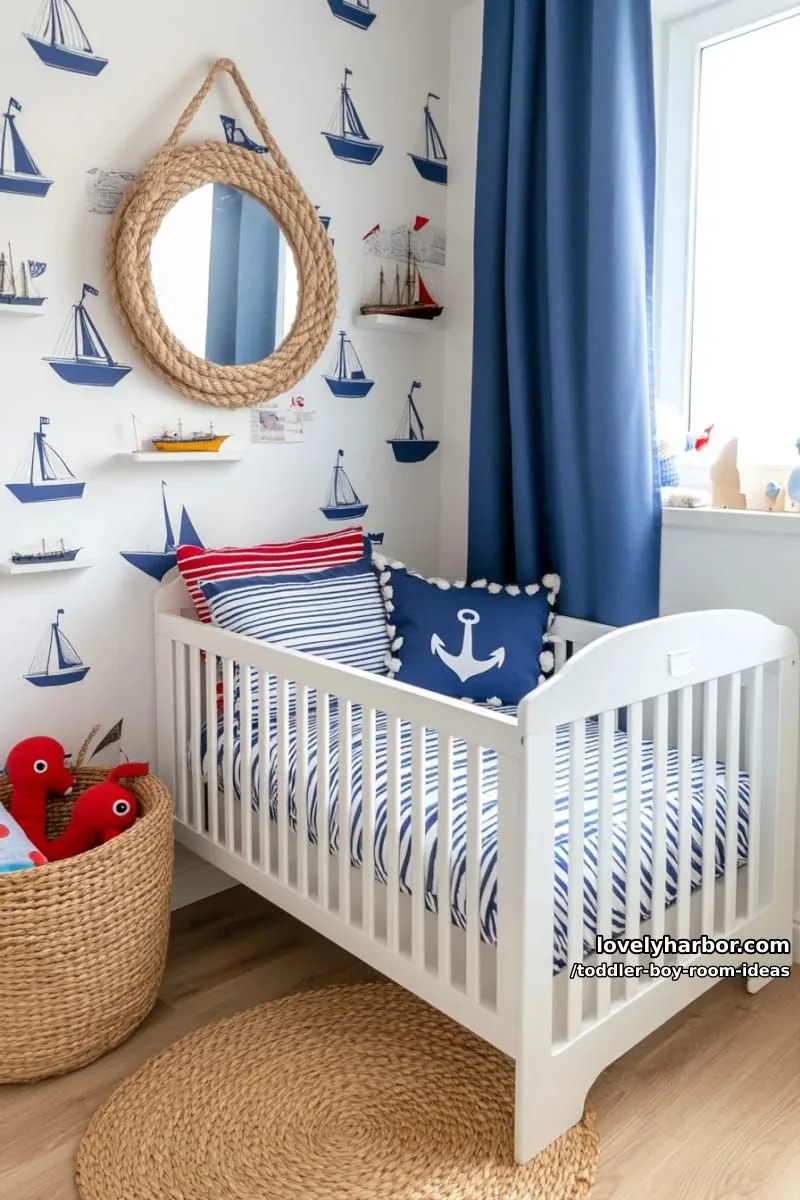 15 Playful Toddler Boy Room Design Ideas for Your Next Makeover 20 nautical room with sailboat wallpaper and anchor-shaped pillows. 1