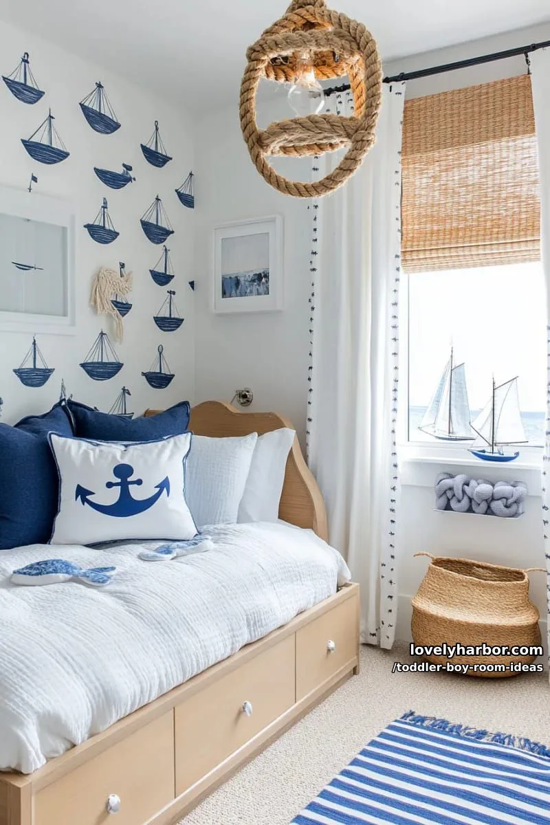 15 Playful Toddler Boy Room Design Ideas for Your Next Makeover 21 nautical room with sailboat wallpaper and anchor-shaped pillows. 1