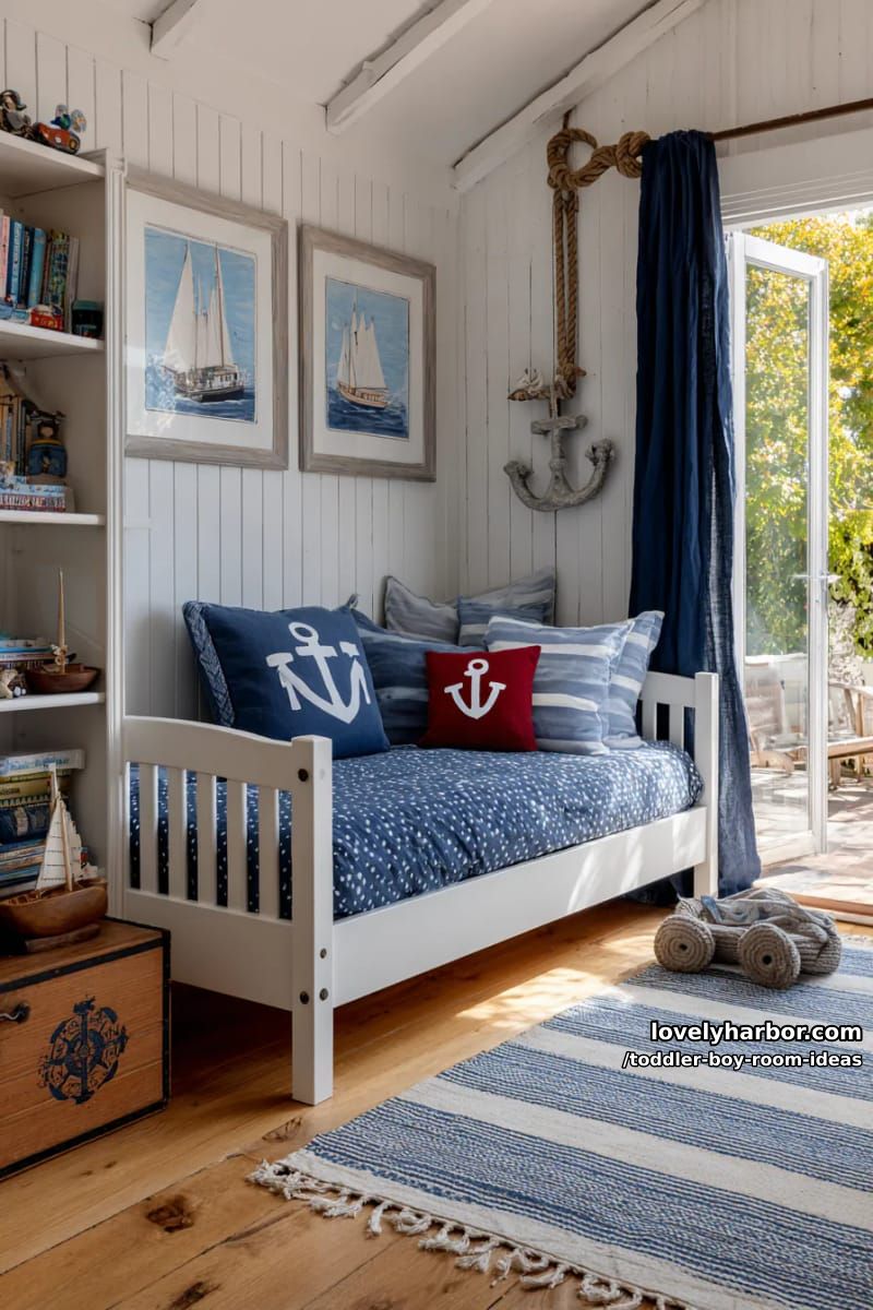 nautical room with sailboat wallpaper and anchor-shaped pillows. 1