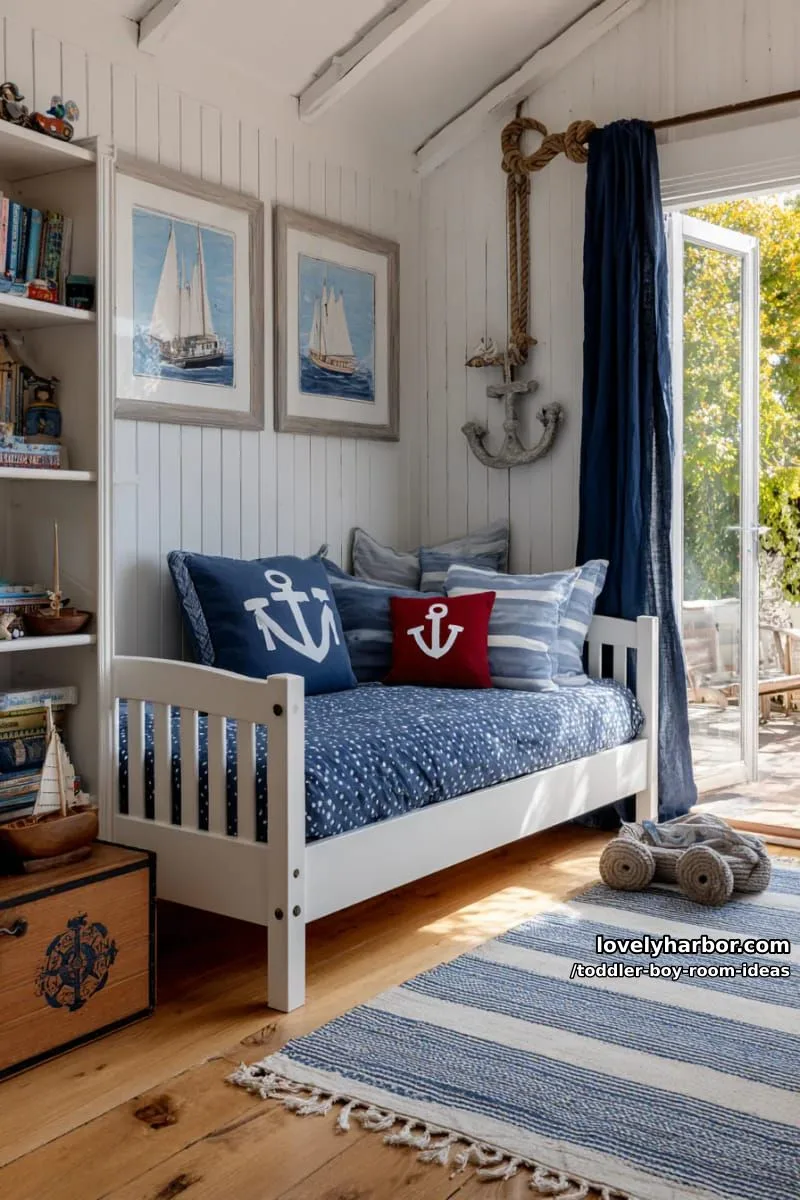 15 Playful Toddler Boy Room Design Ideas for Your Next Makeover 22 nautical room with sailboat wallpaper and anchor-shaped pillows. 1