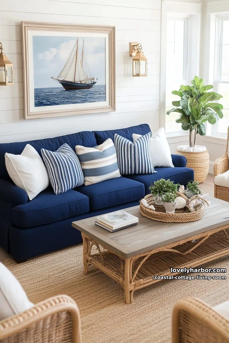 nautical-themed living room with shiplap walls, sailing ship art, and wicker furniture. 1