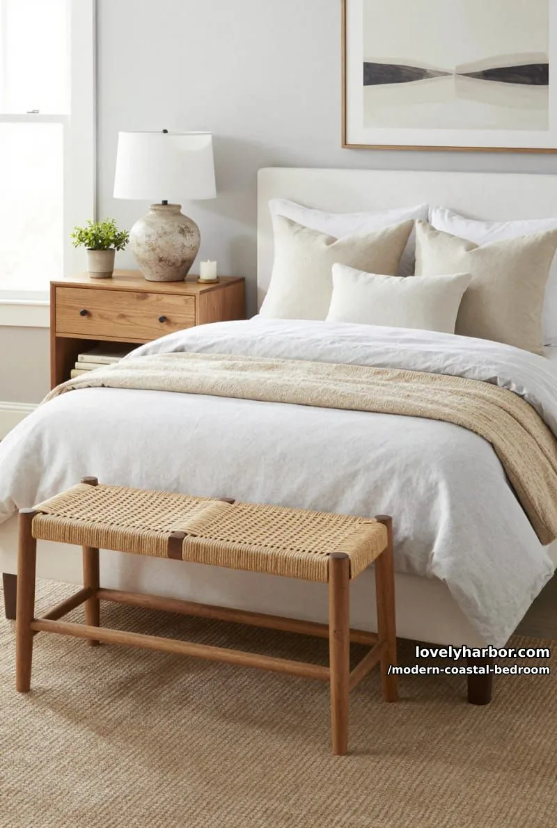 neatly arranged bedroom with white upholstered bed, gray and beige bedding, and rattan benches. 1