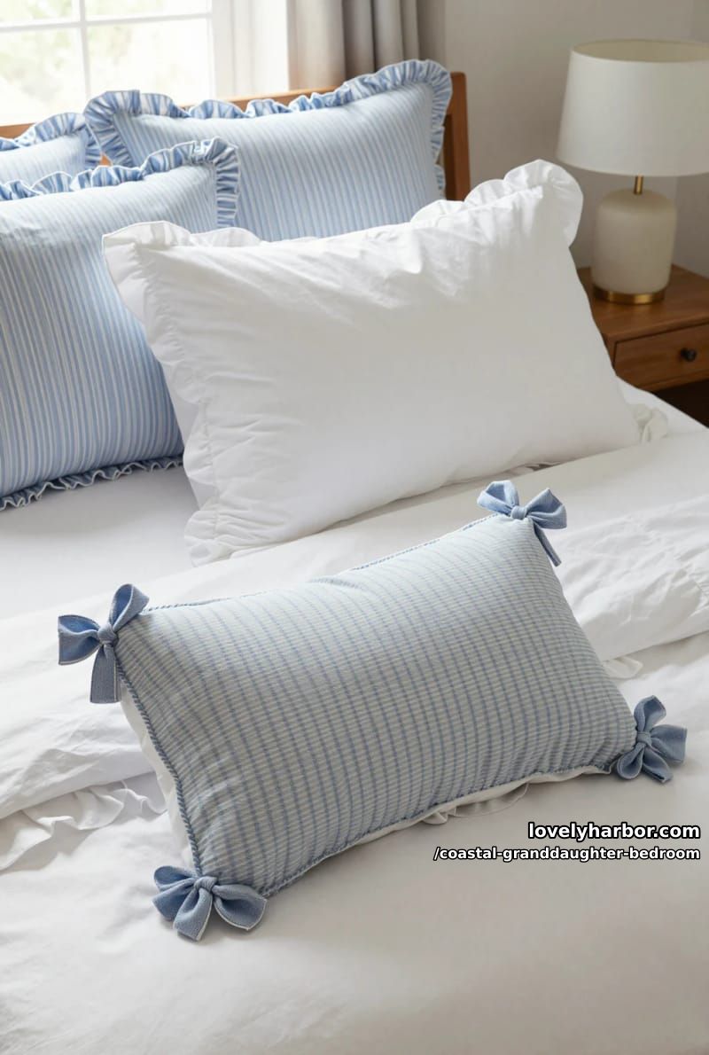 neatly made bed with striped pillows, ruffled edges, and soft natural light. 1