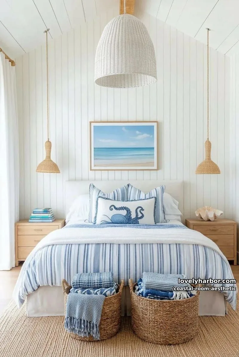 neutral bedroom with white paneled walls, striped bedding, plush toys, and soft lighting. 1