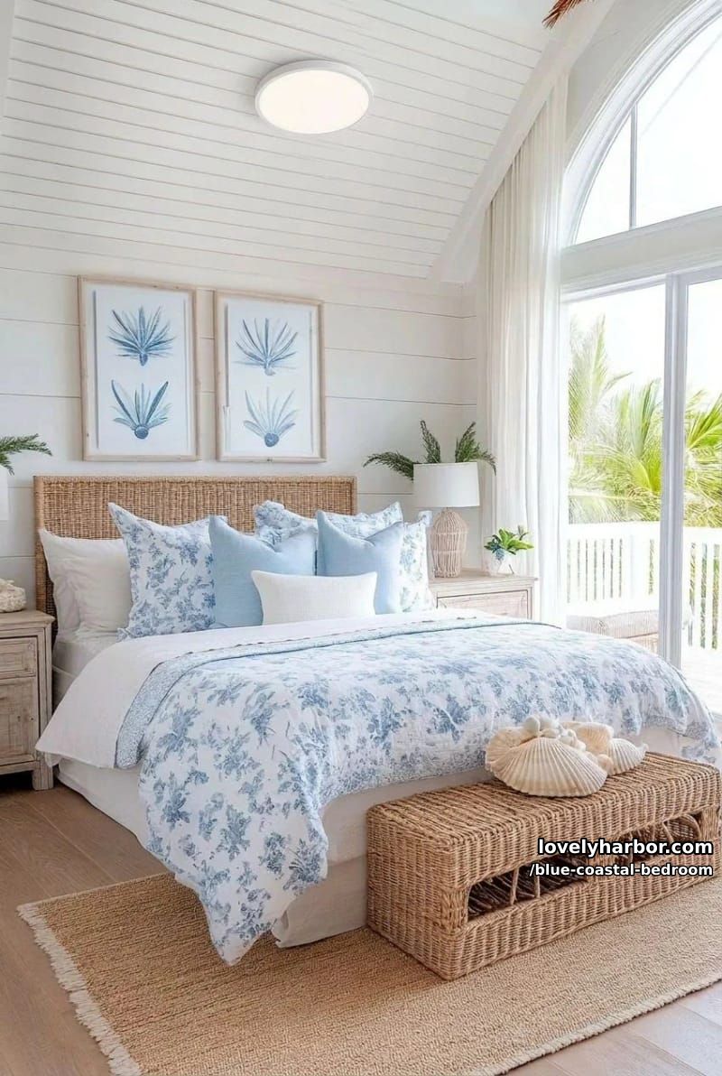 neutral coastal bedroom with blue floral bedding and rattan, shell, and starfish decor. 1