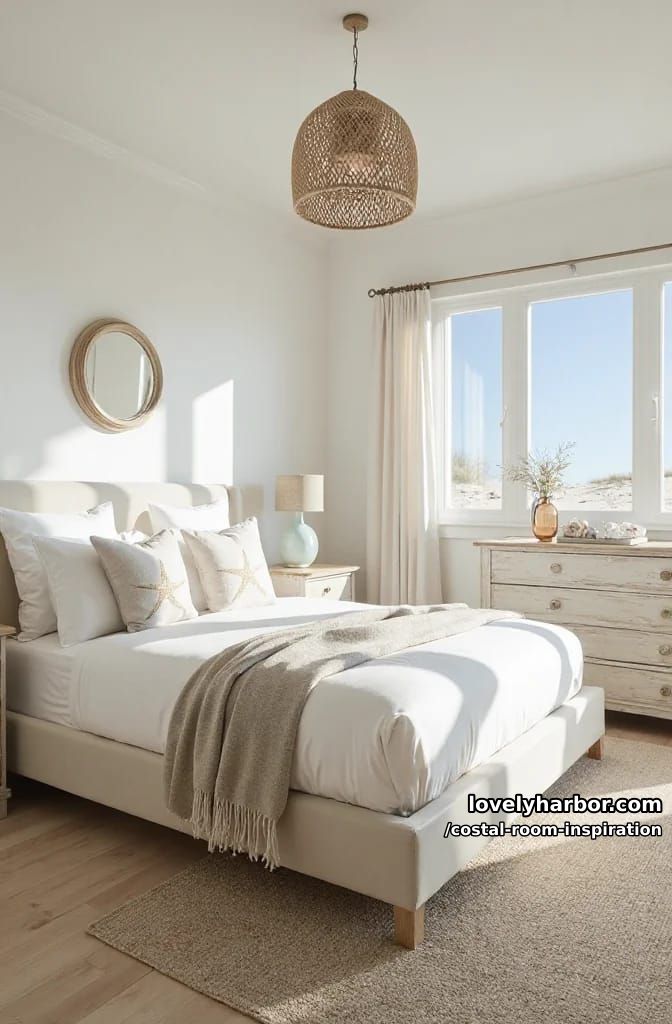 neutral coastal bedroom with starfish pillows and woven pendant light. 1