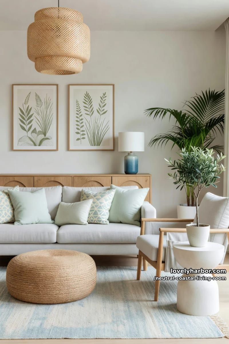 Lovely Harbor 35 neutral coastal living room, rattan pendant, botanical art, jute ottoman, palm plant. 20